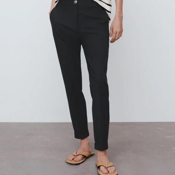Zara | Pants & Jumpsuits | Nwt Zara Cigarette Black Pants Cuffed Crop Pants 